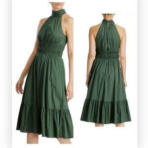 Veronica Beard Kinny Smocked Cotton Blend Midi Dress in Forest 14 NWT $498